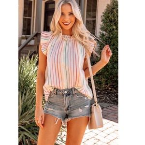 Metallic Striped Flutter Sleeve Frilled Neck Tank Top